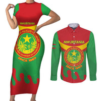 Personalised Mauritania Independence Day Couples Matching Short Sleeve Bodycon Dress and Long Sleeve Button Shirt Coat Of Arms With Map Flag Color - Wonder Print Shop
