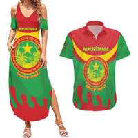 Personalised Mauritania Independence Day Couples Matching Summer Maxi Dress and Hawaiian Shirt Coat Of Arms With Map Flag Color - Wonder Print Shop