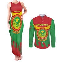 Personalised Mauritania Independence Day Couples Matching Tank Maxi Dress and Long Sleeve Button Shirt Coat Of Arms With Map Flag Color - Wonder Print Shop