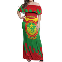 Personalised Mauritania Independence Day Off Shoulder Maxi Dress Coat Of Arms With Map Flag Color - Wonder Print Shop