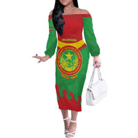 Personalised Mauritania Independence Day Off The Shoulder Long Sleeve Dress Coat Of Arms With Map Flag Color - Wonder Print Shop