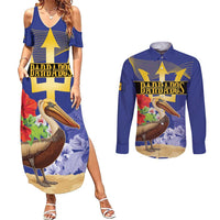 Barbados Independence Day Couples Matching Summer Maxi Dress and Long Sleeve Button Shirt 30 November Brown Pelican With Trident - Wonder Print Shop