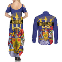 Barbados Independence Day Couples Matching Summer Maxi Dress and Long Sleeve Button Shirt 30 November Brown Pelican With Trident - Wonder Print Shop