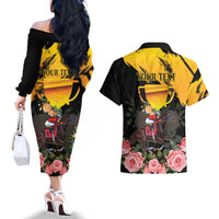 Personalised Australia Melbourne Cup Day Couples Matching Off The Shoulder Long Sleeve Dress and Hawaiian Shirt Horse Racing Trophy With Roses - Wonder Print Shop