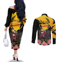Personalised Australia Melbourne Cup Day Couples Matching Off The Shoulder Long Sleeve Dress and Long Sleeve Button Shirt Horse Racing Trophy With Roses - Wonder Print Shop
