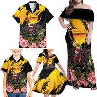 Personalised Australia Melbourne Cup Day Family Matching Off Shoulder Maxi Dress and Hawaiian Shirt Horse Racing Trophy With Roses - Wonder Print Shop