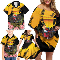 Personalised Australia Melbourne Cup Day Family Matching Off Shoulder Short Dress and Hawaiian Shirt Horse Racing Trophy With Roses - Wonder Print Shop
