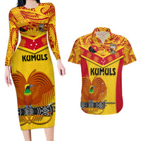 Custom Papua New Guinea Rugby Couples Matching Long Sleeve Bodycon Dress and Hawaiian Shirt 2023 Go Kumuls Pacific Dynamic Style - Wonder Print Shop