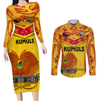 Custom Papua New Guinea Rugby Couples Matching Long Sleeve Bodycon Dress and Long Sleeve Button Shirt 2023 Go Kumuls Pacific Dynamic Style - Wonder Print Shop