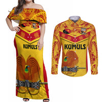 Custom Papua New Guinea Rugby Couples Matching Off Shoulder Maxi Dress and Long Sleeve Button Shirt 2023 Go Kumuls Pacific Dynamic Style - Wonder Print Shop