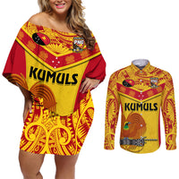 Custom Papua New Guinea Rugby Couples Matching Off Shoulder Short Dress and Long Sleeve Button Shirt 2023 Go Kumuls Pacific Dynamic Style - Wonder Print Shop