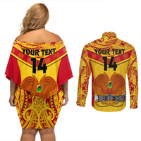 Custom Papua New Guinea Rugby Couples Matching Off Shoulder Short Dress and Long Sleeve Button Shirt 2023 Go Kumuls Pacific Dynamic Style - Wonder Print Shop