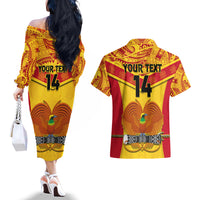 Custom Papua New Guinea Rugby Couples Matching Off The Shoulder Long Sleeve Dress and Hawaiian Shirt 2023 Go Kumuls Pacific Dynamic Style - Wonder Print Shop