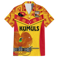 Yellow and red KUMULS rugby Hawaiian shirt with bird graphic, short sleeves