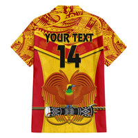 Yellow and red rugby Hawaiian shirt with YOUR TEXT 14 and bird graphic, short sleeves