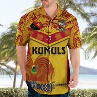 Yellow and red KUMULS rugby Hawaiian shirt on model, button-up collar, short sleeves