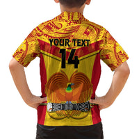 Back of yellow and red rugby Hawaiian shirt with YOUR TEXT 14 and bird graphic