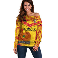 Women’s yellow off-shoulder rugby sweater with long sleeves and KUMULS front graphic