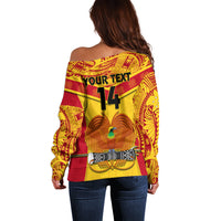 Women’s yellow off-shoulder sweater with back graphic text YOURTEXT and number 14