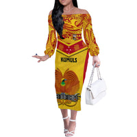 Custom Papua New Guinea Rugby Off The Shoulder Long Sleeve Dress 2023 Go Kumuls Pacific Dynamic Style - Wonder Print Shop