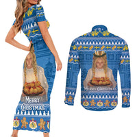 Sweden Christmas Couples Matching Short Sleeve Bodycon Dress and Long Sleeve Button Shirt God Jul! Santa Lucia - Wonder Print Shop