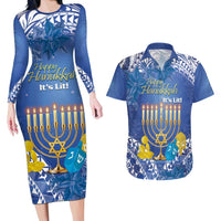 Personalised Hanukkah Jewish Festival Couples Matching Long Sleeve Bodycon Dress and Hawaiian Shirt It's Lit - Polynesian Pattern - Wonder Print Shop