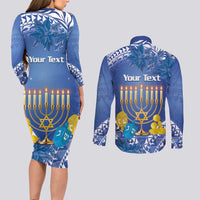 Personalised Hanukkah Jewish Festival Couples Matching Long Sleeve Bodycon Dress and Long Sleeve Button Shirt It's Lit - Polynesian Pattern - Wonder Print Shop