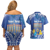 Personalised Hanukkah Jewish Festival Couples Matching Off Shoulder Short Dress and Hawaiian Shirt It's Lit - Polynesian Pattern - Wonder Print Shop