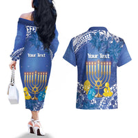 Personalised Hanukkah Jewish Festival Couples Matching Off The Shoulder Long Sleeve Dress and Hawaiian Shirt It's Lit - Polynesian Pattern - Wonder Print Shop