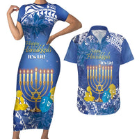 Personalised Hanukkah Jewish Festival Couples Matching Short Sleeve Bodycon Dress and Hawaiian Shirt It's Lit - Polynesian Pattern - Wonder Print Shop