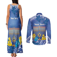 Personalised Hanukkah Jewish Festival Couples Matching Tank Maxi Dress and Long Sleeve Button Shirt It's Lit - Polynesian Pattern - Wonder Print Shop