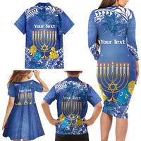 Personalised Hanukkah Jewish Festival Family Matching Long Sleeve Bodycon Dress and Hawaiian Shirt It's Lit - Polynesian Pattern - Wonder Print Shop