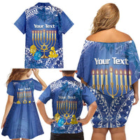 Personalised Hanukkah Jewish Festival Family Matching Off Shoulder Short Dress and Hawaiian Shirt It's Lit - Polynesian Pattern - Wonder Print Shop