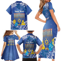 Personalised Hanukkah Jewish Festival Family Matching Short Sleeve Bodycon Dress and Hawaiian Shirt It's Lit - Polynesian Pattern - Wonder Print Shop