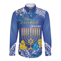 Personalised Hanukkah Jewish Festival Long Sleeve Button Shirt It's Lit - Polynesian Pattern - Wonder Print Shop