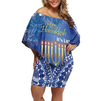 Personalised Hanukkah Jewish Festival Off Shoulder Short Dress It's Lit - Polynesian Pattern - Wonder Print Shop