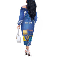 Personalised Hanukkah Jewish Festival Off The Shoulder Long Sleeve Dress It's Lit - Polynesian Pattern - Wonder Print Shop