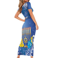 Personalised Hanukkah Jewish Festival Short Sleeve Bodycon Dress It's Lit - Polynesian Pattern - Wonder Print Shop