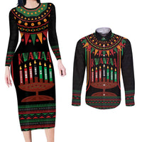 Personalized African-American Kwanzaa Couples Matching Long Sleeve Bodycon Dress and Long Sleeve Button Shirt Kinara Candles African Pattern - Wonder Print Shop