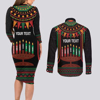 Personalized African-American Kwanzaa Couples Matching Long Sleeve Bodycon Dress and Long Sleeve Button Shirt Kinara Candles African Pattern - Wonder Print Shop
