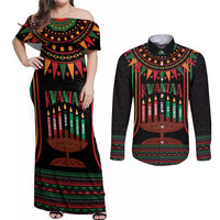 Personalized African-American Kwanzaa Couples Matching Off Shoulder Maxi Dress and Long Sleeve Button Shirt Kinara Candles African Pattern - Wonder Print Shop
