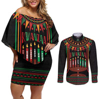 Personalized African-American Kwanzaa Couples Matching Off Shoulder Short Dress and Long Sleeve Button Shirt Kinara Candles African Pattern - Wonder Print Shop