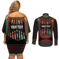 Personalized African-American Kwanzaa Couples Matching Off Shoulder Short Dress and Long Sleeve Button Shirt Kinara Candles African Pattern - Wonder Print Shop
