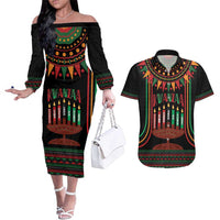 Personalized African-American Kwanzaa Couples Matching Off The Shoulder Long Sleeve Dress and Hawaiian Shirt Kinara Candles African Pattern - Wonder Print Shop