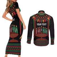 Personalized African-American Kwanzaa Couples Matching Short Sleeve Bodycon Dress and Long Sleeve Button Shirt Kinara Candles African Pattern - Wonder Print Shop