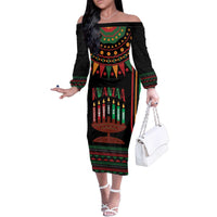Personalized African-American Kwanzaa Family Matching Off The Shoulder Long Sleeve Dress and Hawaiian Shirt Kinara Candles African Pattern - Wonder Print Shop