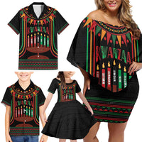 Personalized African-American Kwanzaa Family Matching Off Shoulder Short Dress and Hawaiian Shirt Kinara Candles African Pattern - Wonder Print Shop