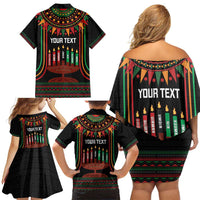 Personalized African-American Kwanzaa Family Matching Off Shoulder Short Dress and Hawaiian Shirt Kinara Candles African Pattern - Wonder Print Shop