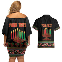 Personalized African-American Kwanzaa Couples Matching Off Shoulder Short Dress and Hawaiian Shirt Dashiki Mix Paisley Pattern - Wonder Print Shop