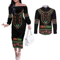 Personalized African-American Kwanzaa Couples Matching Off The Shoulder Long Sleeve Dress and Long Sleeve Button Shirt Dashiki Mix Paisley Pattern